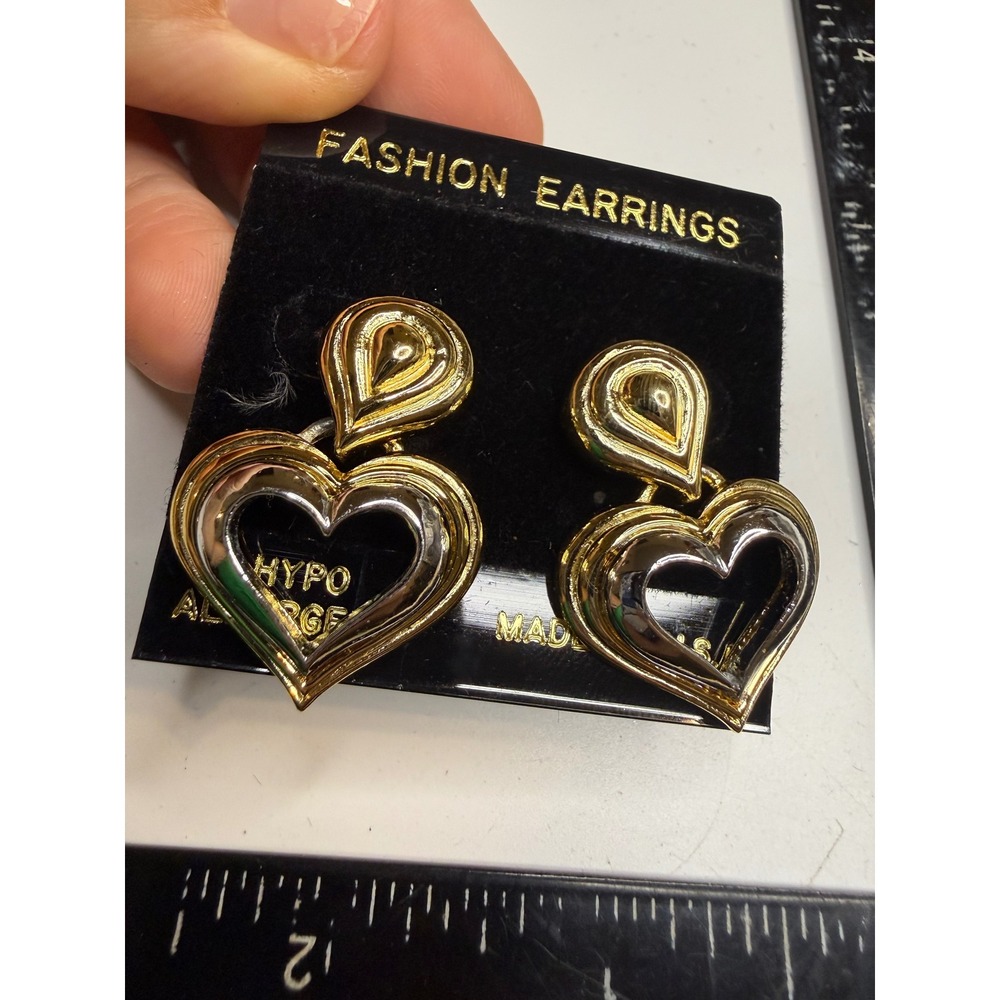 Vintage Two Tone Gold Silver Heart Drop Earrings Hypoallergenic Made in USA